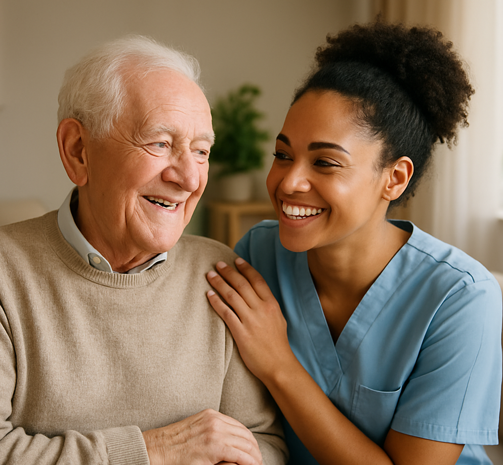 A caregiver sharing a warm moment with a resident